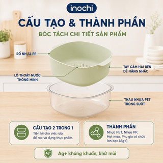 Bộ thau rổ vuông Inochi - Yoko, hai lớp đựng trái cây, rau củ siêu xinh, chất lượng cao cấp