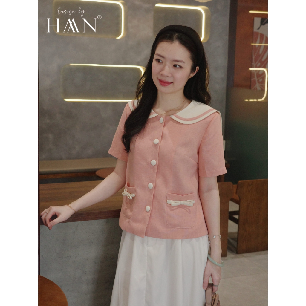 Áo sơ mi nữ cổ thủy thủ màu hồng cam, chất vải text 2 lớp mỏng nhẹ thoáng mát HAAN Design SM2648