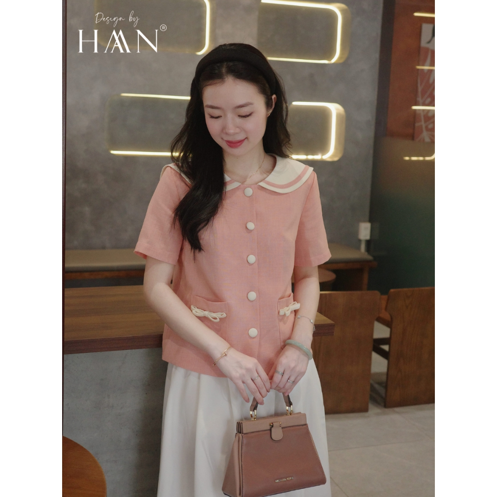 Áo sơ mi nữ cổ thủy thủ màu hồng cam, chất vải text 2 lớp mỏng nhẹ thoáng mát HAAN Design SM2648