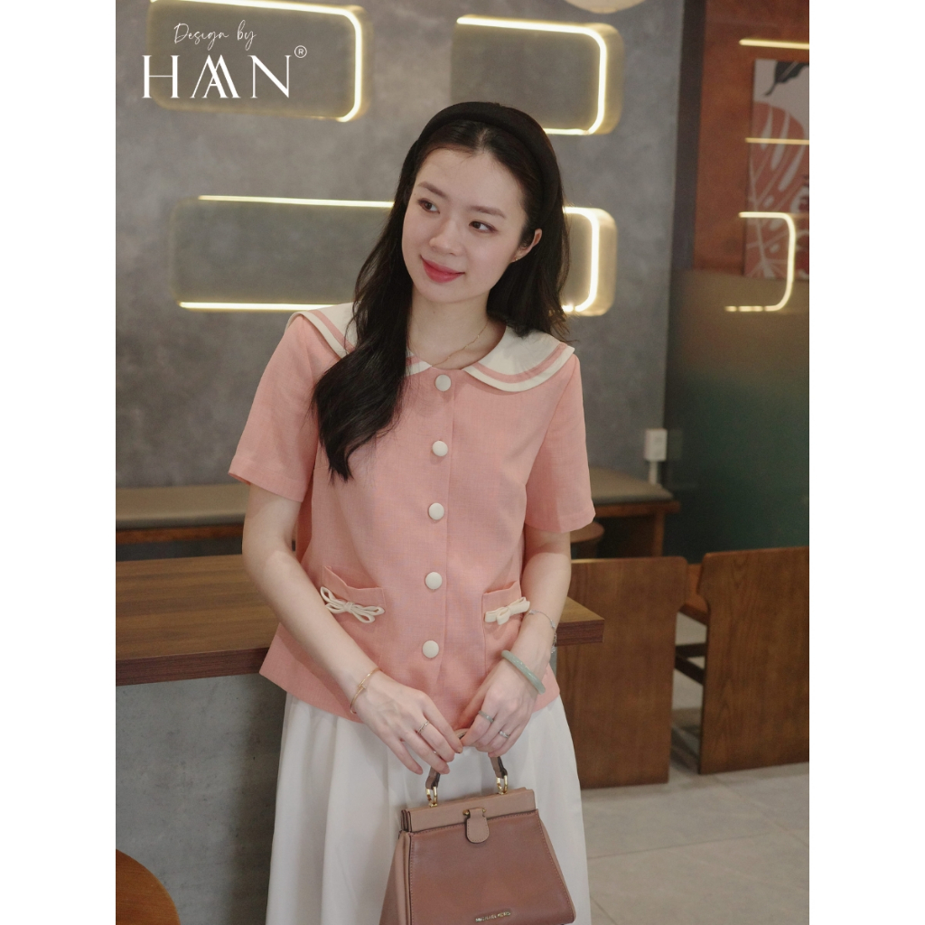 Áo sơ mi nữ cổ thủy thủ màu hồng cam, chất vải text 2 lớp mỏng nhẹ thoáng mát HAAN Design SM2648