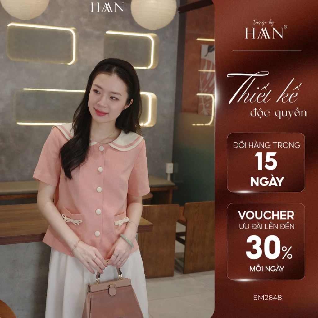 Áo sơ mi nữ cổ thủy thủ màu hồng cam, chất vải text 2 lớp mỏng nhẹ thoáng mát HAAN Design SM2648