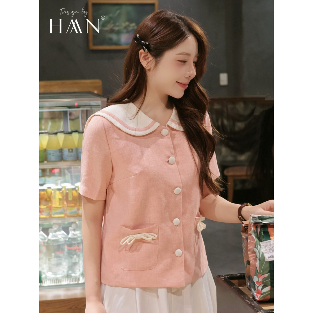 Áo sơ mi nữ cổ thủy thủ màu hồng cam, chất vải text 2 lớp mỏng nhẹ thoáng mát HAAN Design SM2648