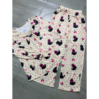 BỘ THUN TĂM IN HỌA TIẾT ÁO CỔ VIỀN BÈO TAY DÀI QUẦN SUÔNG CÓ 2 SIZE