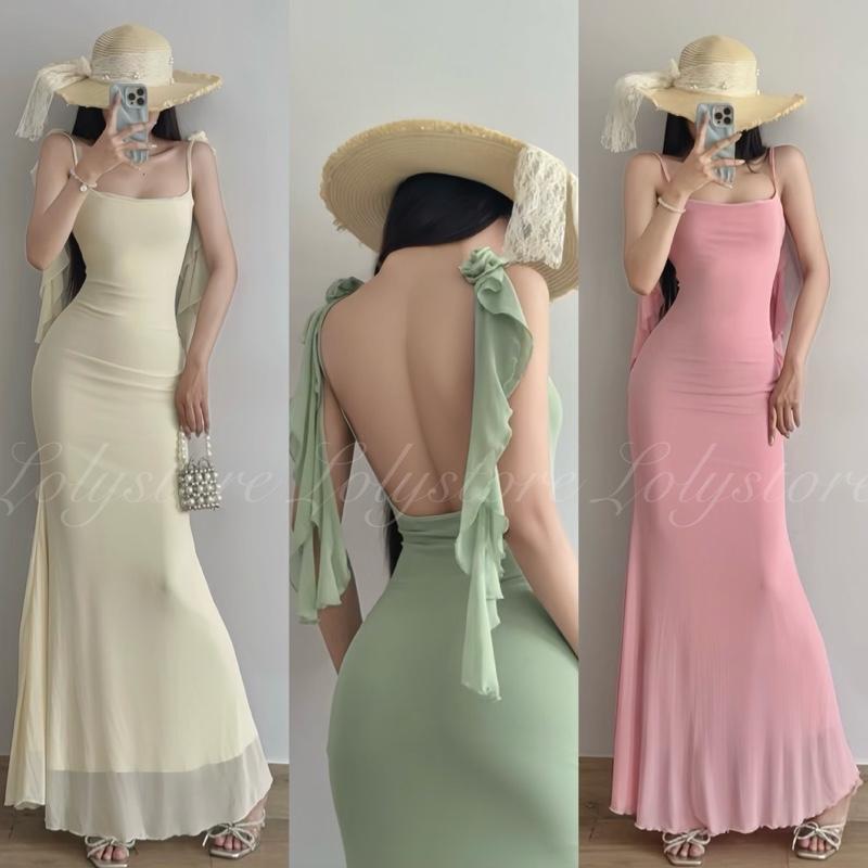 Đầm body nữ hai dây tua rua đính hoa hở lưng tôn dáng Lolystore XY766