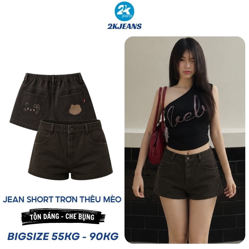 [DEAL SỐC] Quần Short Jean Nữ Nâu Đậm Bigsize QC1326 Cạp Cao Form Trơn Thêu Mèo Túi Sau 55-90kg 2KJEANS