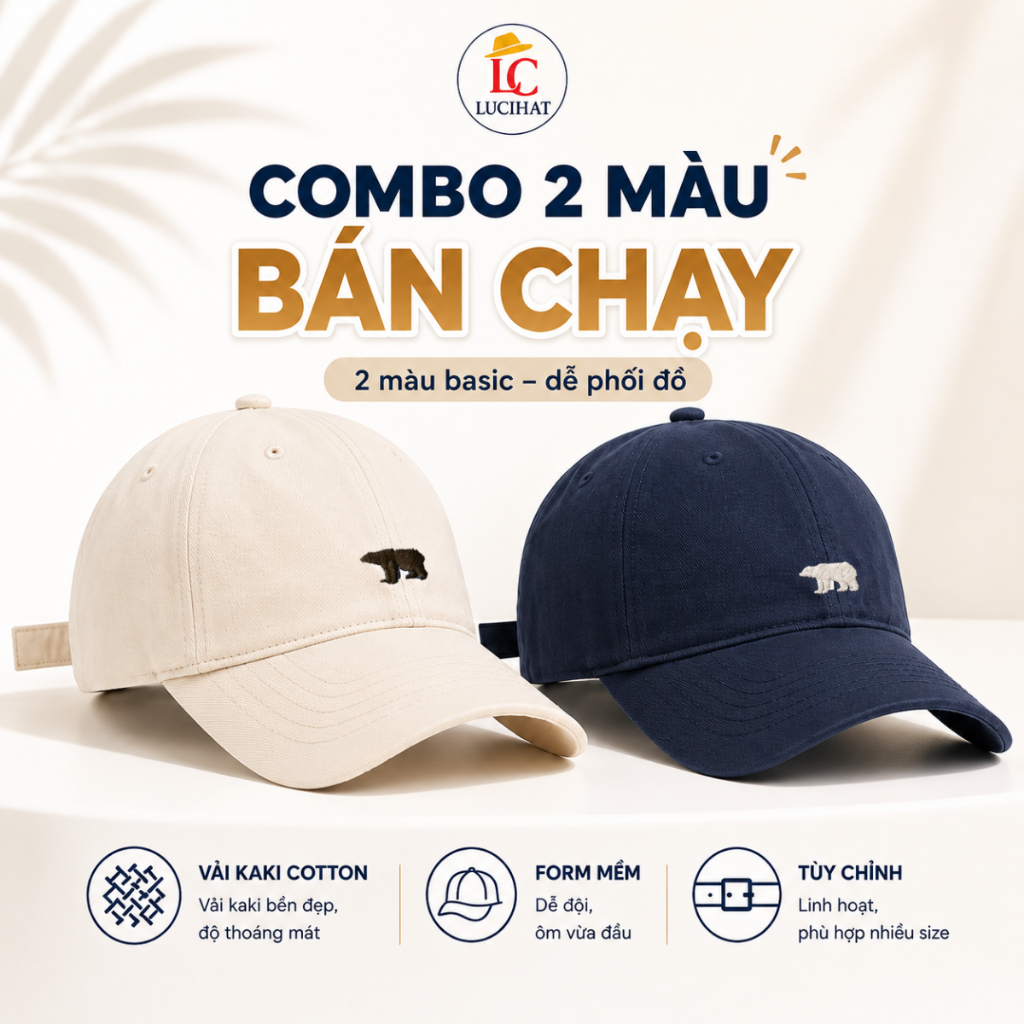 Mũ Lưỡi Trai Thêu Hình Gấu Đội Thời Trang, Nón Lưỡi Trai Form Mũ Mềm To, Vành Mũ Cứng Cáp, Chất KaKi Mềm Mịn Cho Nam Nữ