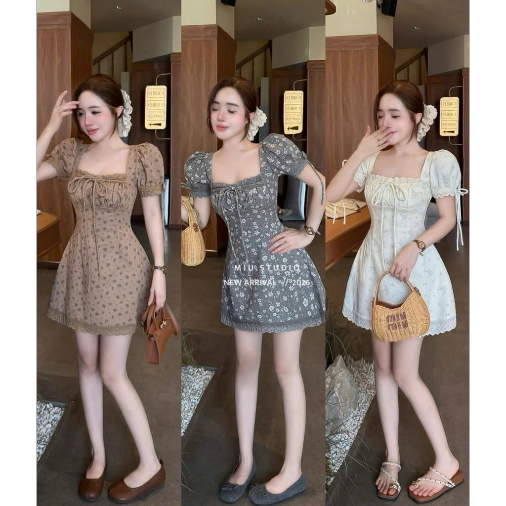 MIU.STUDIO • Đầm hoa nhí vintage dáng A phối viền ren cao cấp, Váy tiểu thư tay bồng cổ vuông thắt nơ sang chảnh