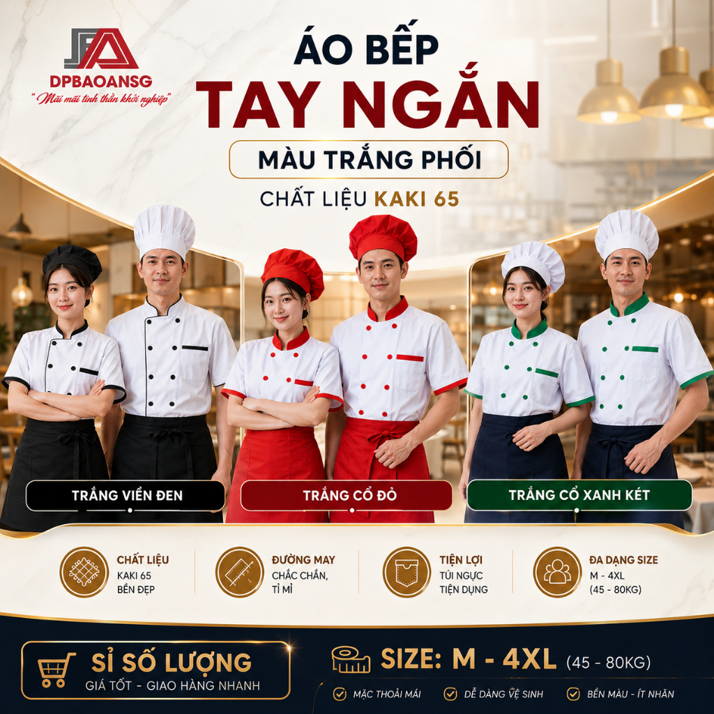 Áo Bếp Quán Ăn - Áo Đồng Phục Nhà Hàng Màu Trắng, Đỏ Tay Ngắn Có Viền