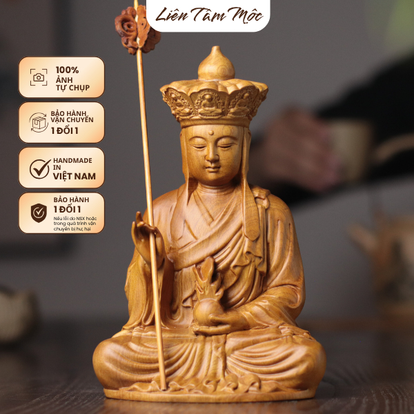 Tượng Địa Tạng Vương Bồ Tát, Gỗ Bách Xanh Thơm Tự Nhiên - Tượng Phật Thờ Cúng Tại Gia, Mỹ Nghệ Phong Thủy Trừ Tà Bình An