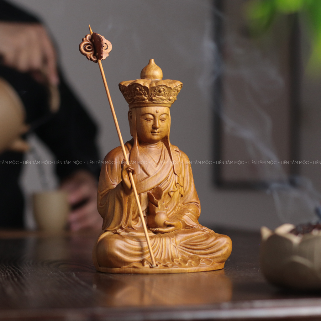 Tượng Địa Tạng Vương Bồ Tát, Gỗ Bách Xanh Thơm Tự Nhiên - Tượng Phật Thờ Cúng Tại Gia, Mỹ Nghệ Phong Thủy Trừ Tà Bình An