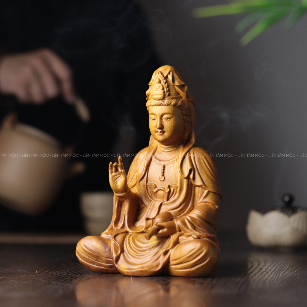 Tượng Quan Âm Bồ Tát Gỗ Bách Thơm Tự Nhiên Cao 12/20cm, Thủ Công Mỹ Nghệ Cao Cấp, Tượng Phật Để Bàn Thờ Cúng Tại Gia