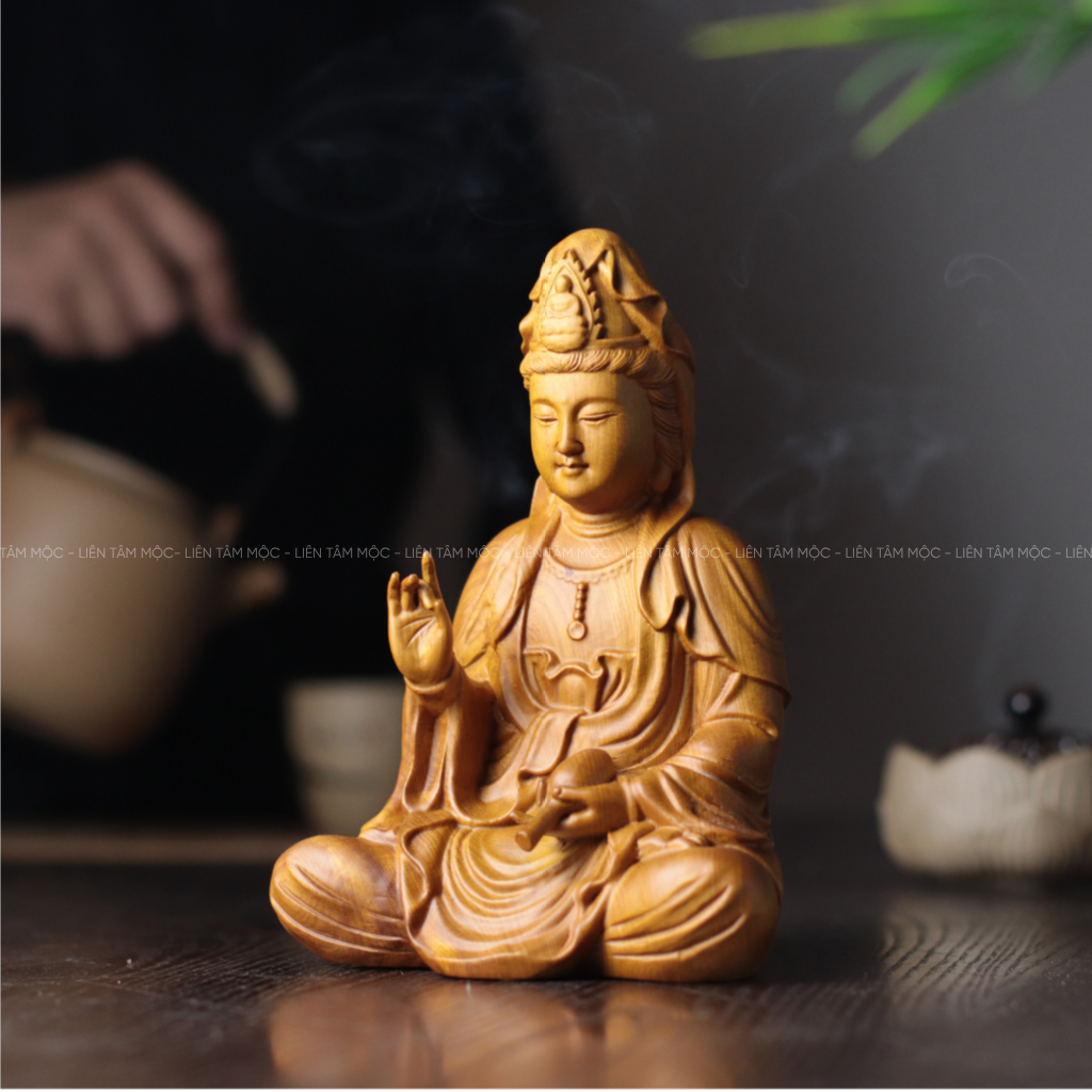 Tượng Quan Âm Bồ Tát Gỗ Bách Thơm Tự Nhiên Cao 12/20cm, Thủ Công Mỹ Nghệ Cao Cấp, Tượng Phật Để Bàn Thờ Cúng Tại Gia