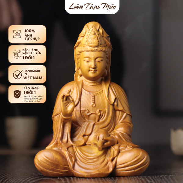 Tượng Quan Âm Bồ Tát Gỗ Bách Thơm Tự Nhiên Cao 12/20cm, Thủ Công Mỹ Nghệ Cao Cấp, Tượng Phật Để Bàn Thờ Cúng Tại Gia