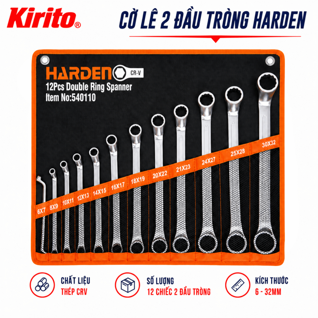 Bộ Cờ Lê 2 Đầu Tròng 12 Chi Tiết 6-32mm 540110 Harden, Cờ Lê Vòng 2 Đầu Thép CR-V Chính Hãng