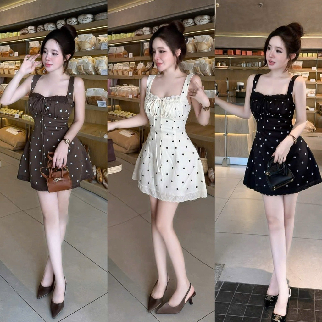 Váy 2 dây hoa nhí bản to phối viền ren thắt nơ sang chảnh , Đầm nữ dáng A ôm eo xoè nhẹ mặc đi chơi đi cafe sống ảo