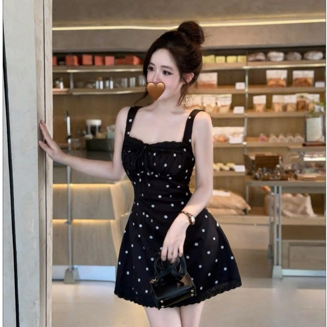 Váy 2 dây hoa nhí bản to phối viền ren thắt nơ sang chảnh , Đầm nữ dáng A ôm eo xoè nhẹ mặc đi chơi đi cafe sống ảo