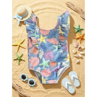Bộ đồ bơi bé gái liền thân bèo vai, họa tiết sao biển vỏ sò, chất vải co giãn tốt, chống nắng hàng VNXK