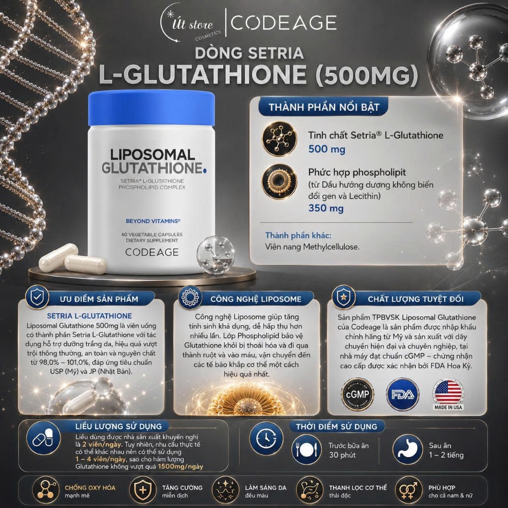 Viên Uống Trắng Da Codeage Liposomal Glutathione Mỹ 1000mg/500mg Hộp 60 Viên
