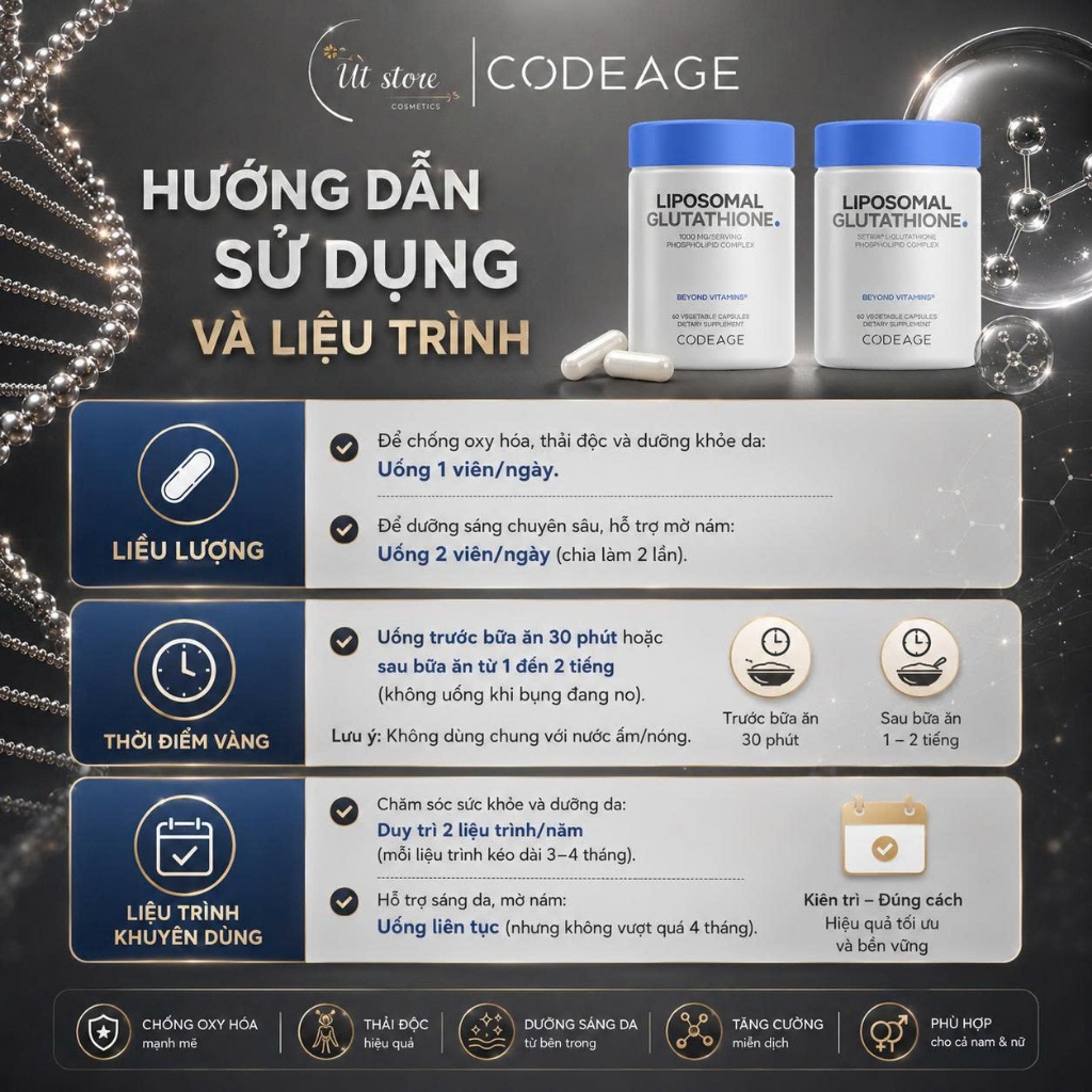 Viên Uống Trắng Da Codeage Liposomal Glutathione Mỹ 1000mg/500mg Hộp 60 Viên