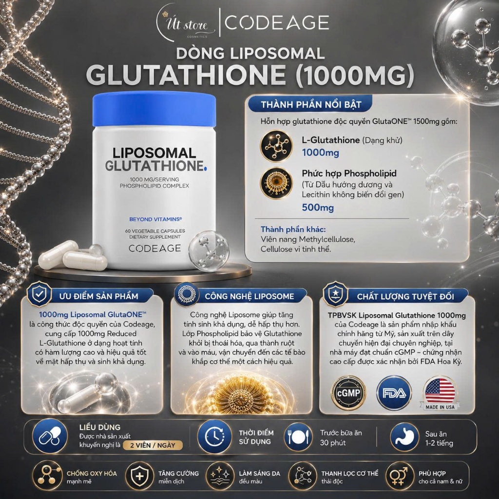 Viên Uống Trắng Da Codeage Liposomal Glutathione Mỹ 1000mg/500mg Hộp 60 Viên