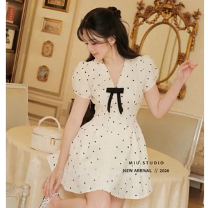 “Moge dress” Đầm nữ tay bồng đính nơ thiết kế dáng xoè sang chảnh ,Váy chấm bi cổ sen phối viền ren cao cấp • MIU.STUDIO
