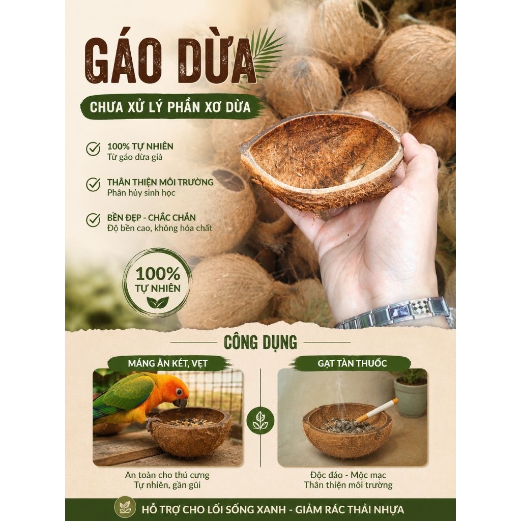 Gáo dừa thủ công dùng làm máng ăn cho két vẹt.... chưa xử lý xơ dừa