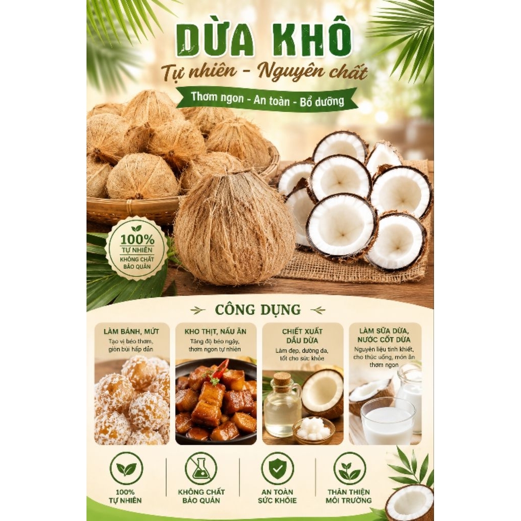 Dừa khô đã lột vỏ loại 1kg - 1.3kg nguyên liệu dùng để làm bánh mức, nấu chè kho thịt, dầu dừa...