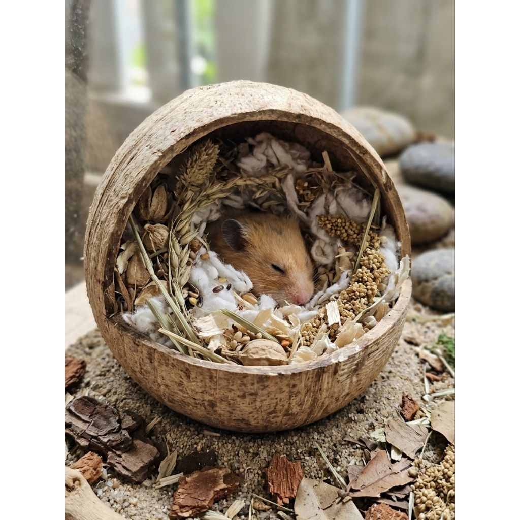 Gáo dừa cắt hàm ếch đã xử lý xơ dừa | Dùng làm tổ chuột hamster, sóc, chậu cây, hoa....