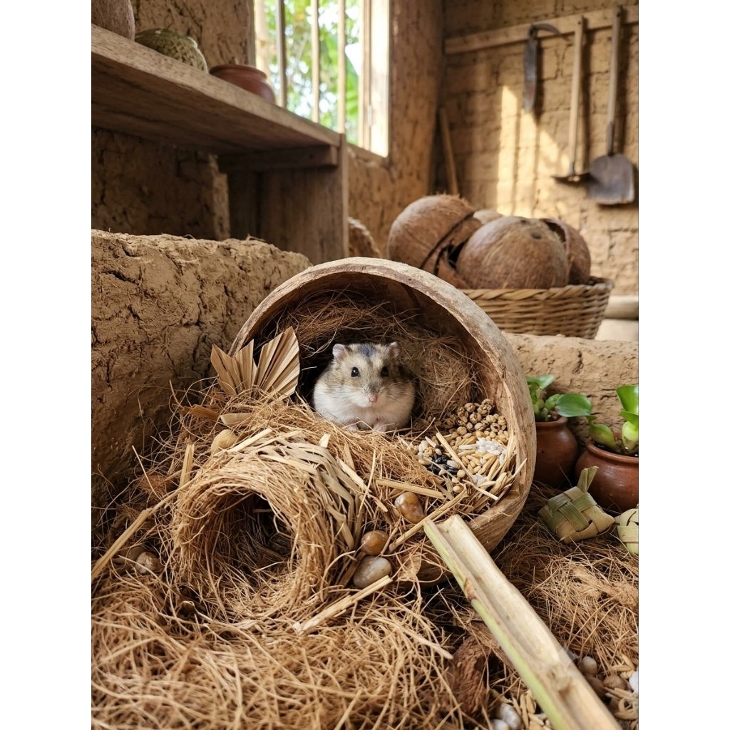 Gáo dừa cắt hàm ếch đã xử lý xơ dừa | Dùng làm tổ chuột hamster, sóc, chậu cây, hoa....
