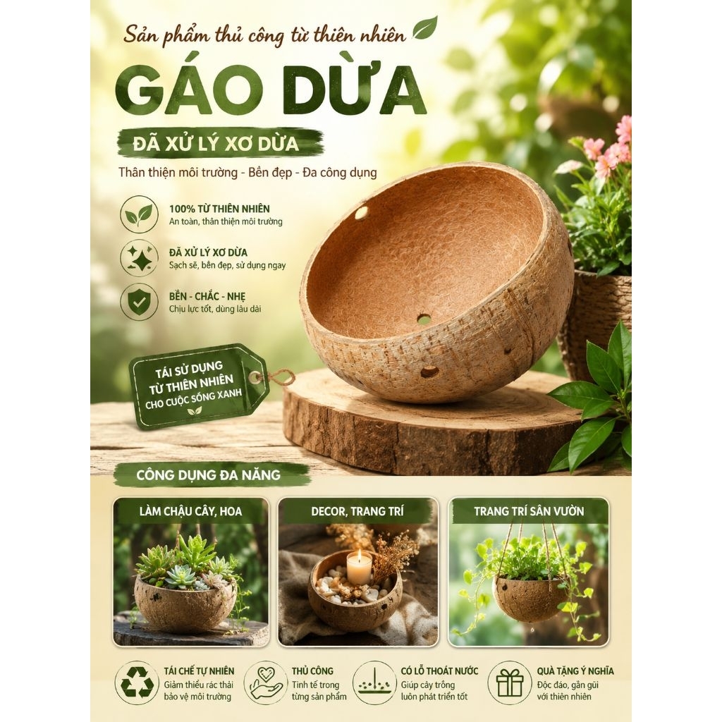 Chậu gáo dừa thủ công lớn đã qua xử lý phần xơ dừa | dùng làm chậu, đựng rau gia vị, đựng, trang trí decor