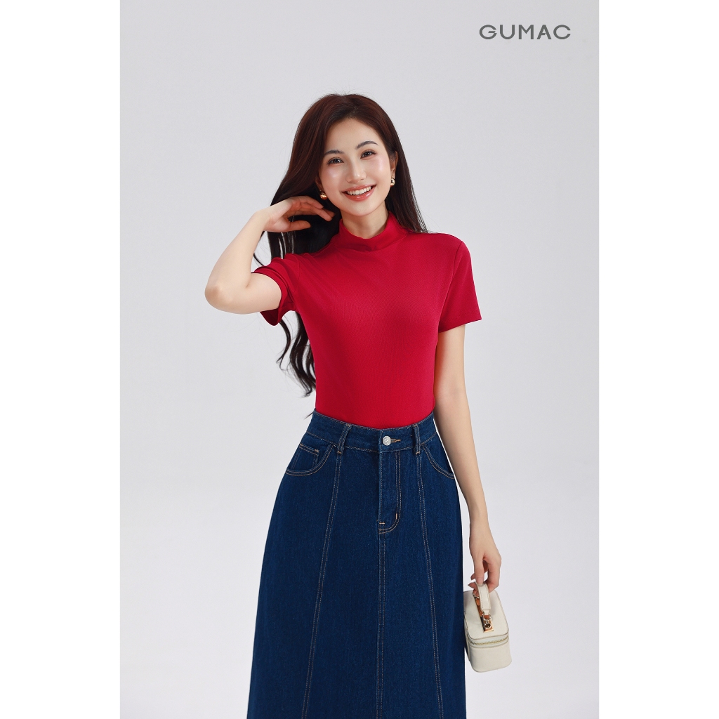 Áo Thun Cổ Lọ Nữ GUMAC Áo Thun Gân Tay Ngắn Phom Ôm Co Giãn Nhiều Tôn Dáng LATE1111