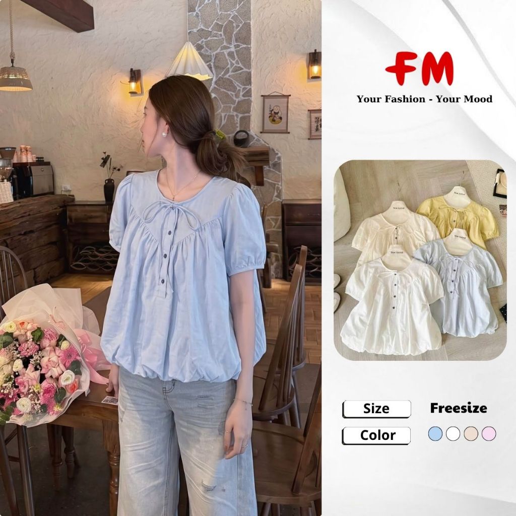 Áo Kiểu Nữ Tay Ngắn FMSTYLE Bồng Lai Bí Khuy Nút Thắt Nơ Nữ Tính Form Bí Dễ Thương 26050521
