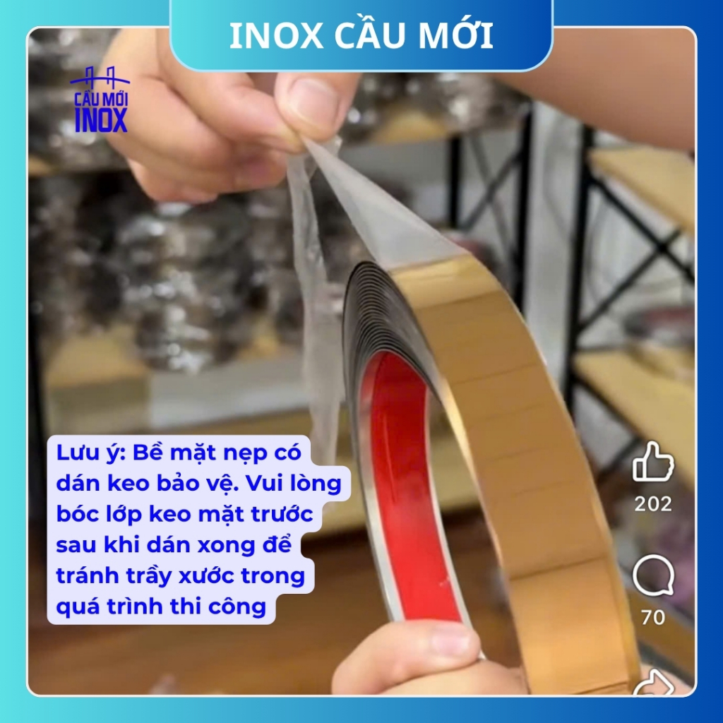 Nẹp la inox dán tường 5 mét/10 mét, có keo sẵn, màu bạc gương, hồng gương, vàng gương, đen gương