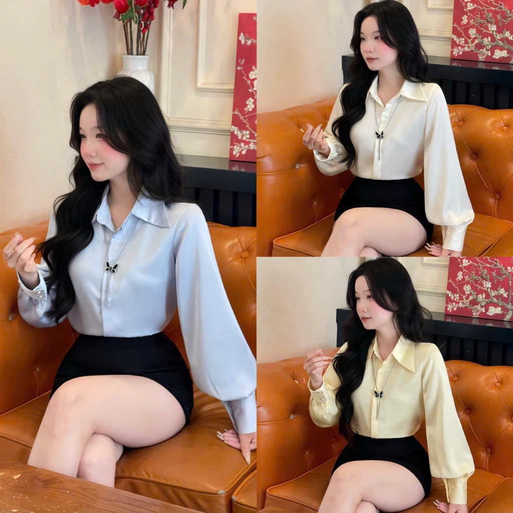 ÁO SƠ MI NỮ CỔ NHỌN. Kiểu tay bồng. CHẤT VẢI LỤA TÔ CHÂU. Mềm mại không nhăn