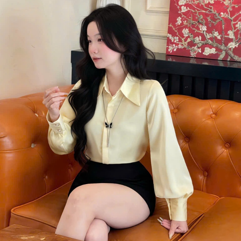 ÁO SƠ MI NỮ CỔ NHỌN. Kiểu tay bồng. CHẤT VẢI LỤA TÔ CHÂU. Mềm mại không nhăn