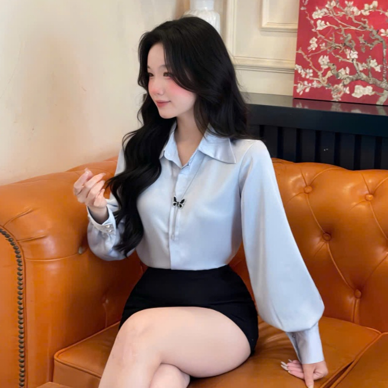 ÁO SƠ MI NỮ CỔ NHỌN. Kiểu tay bồng. CHẤT VẢI LỤA TÔ CHÂU. Mềm mại không nhăn