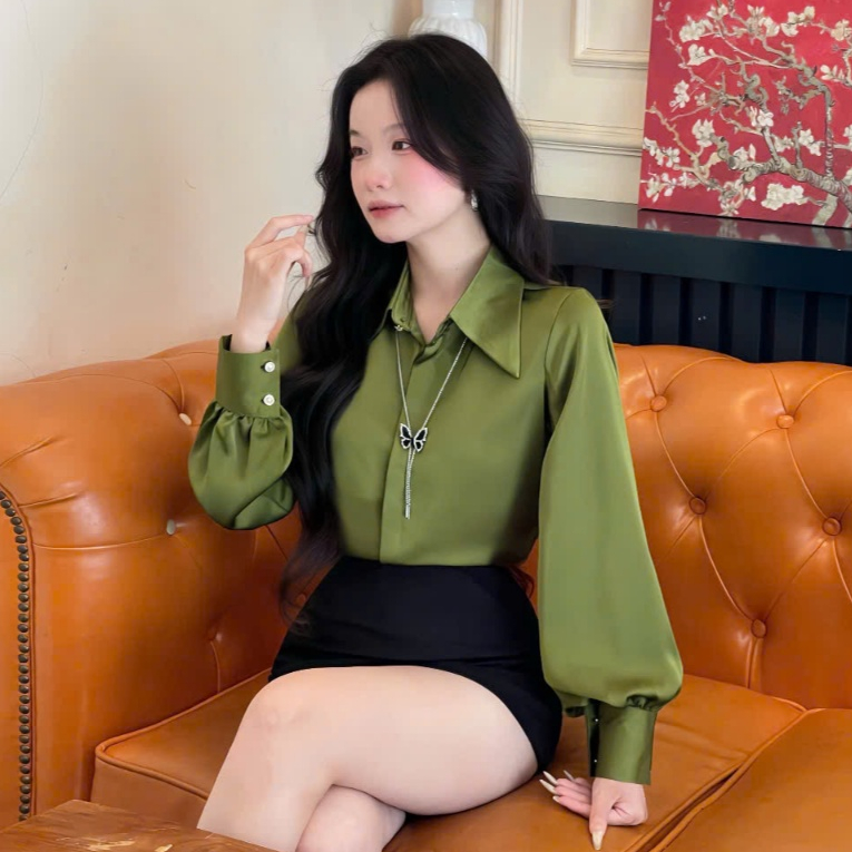 ÁO SƠ MI NỮ CỔ NHỌN. Kiểu tay bồng. CHẤT VẢI LỤA TÔ CHÂU. Mềm mại không nhăn