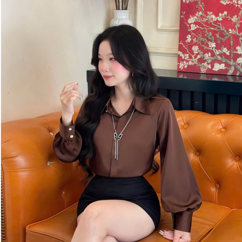 ÁO SƠ MI NỮ CỔ NHỌN. Kiểu tay bồng. CHẤT VẢI LỤA TÔ CHÂU. Mềm mại không nhăn