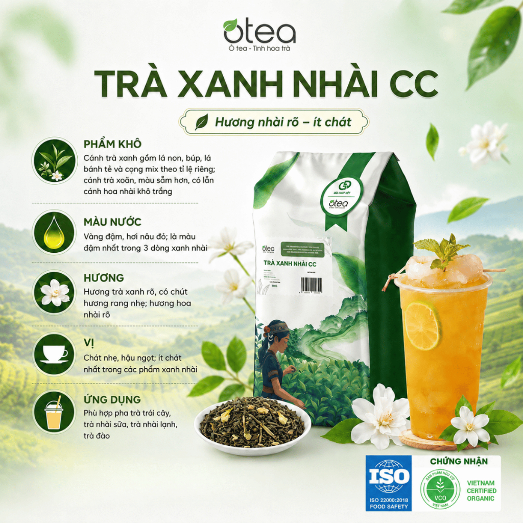 Trà Xanh Nhài CC OTEA 500G hương nhài rõ, chát nhẹ, màu nước đậm