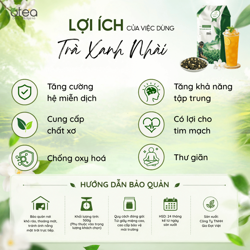 Trà Xanh Nhài CC OTEA 500G hương nhài rõ, chát nhẹ, màu nước đậm