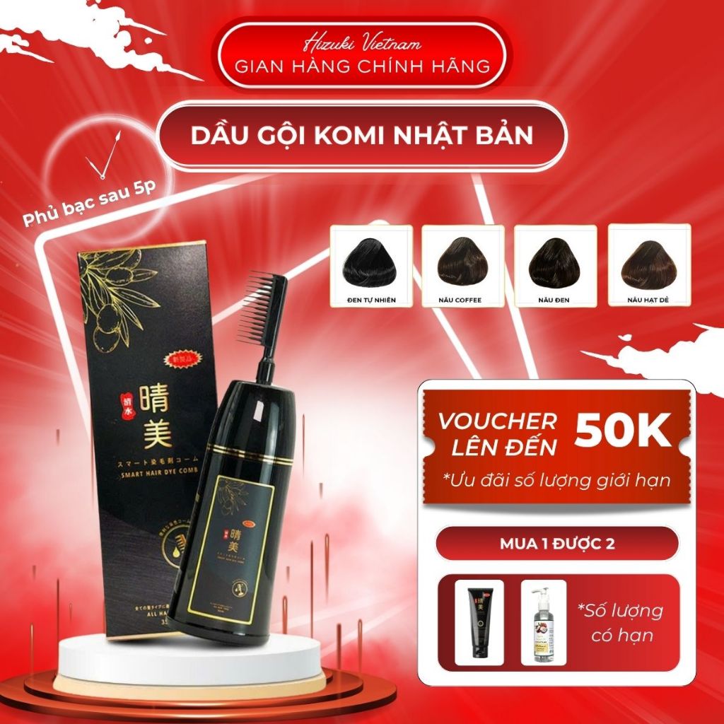 Dầu gội phủ bạc Komi Nhật Bản màu nâu hạt dẻ chai thiết kế lược thông mình giúp phủ bạc nhanh chóng chai 350ml
