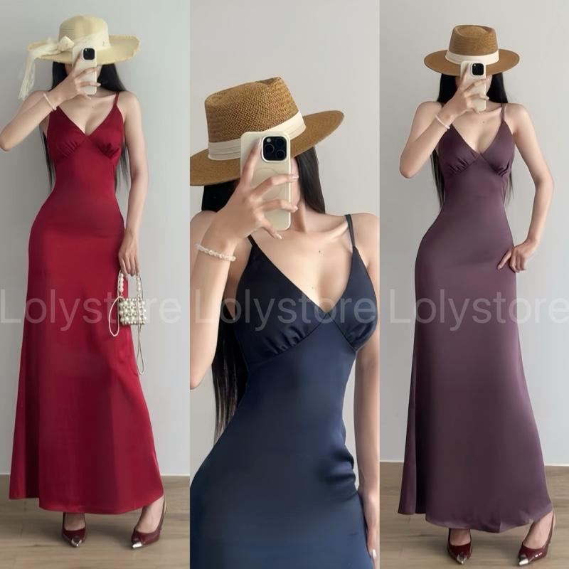 Đầm body nữ Lụa Tô Châu cổ tim dáng dài Lolystore NH480