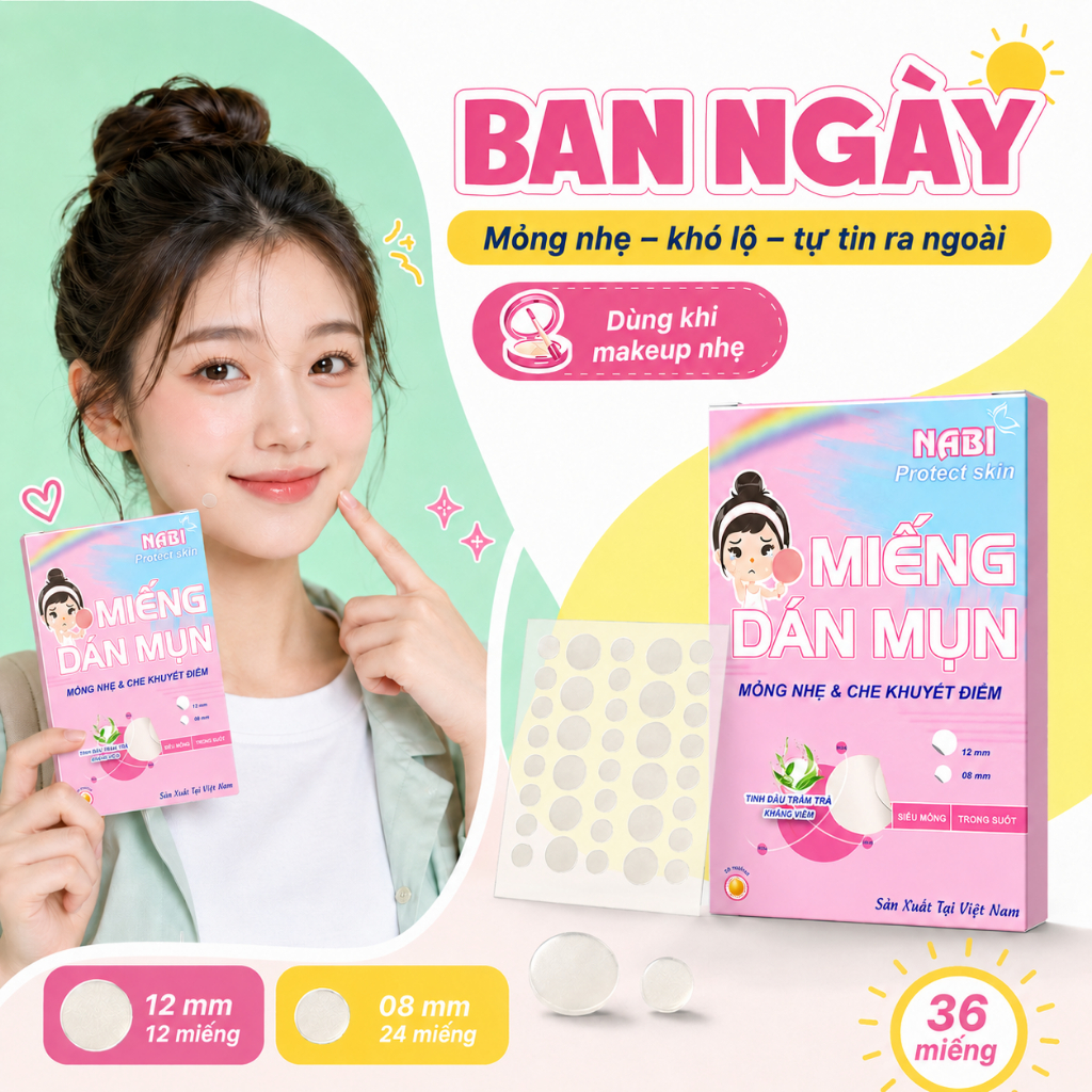 Miếng Dán Mụn NABI Hộp 36 Miếng, Miếng Dán Tròn Mỏng Nhẹ Bán Trong Suốt, Hỗ Trợ Hút Dịch Và Bảo Vệ Nốt Mụn