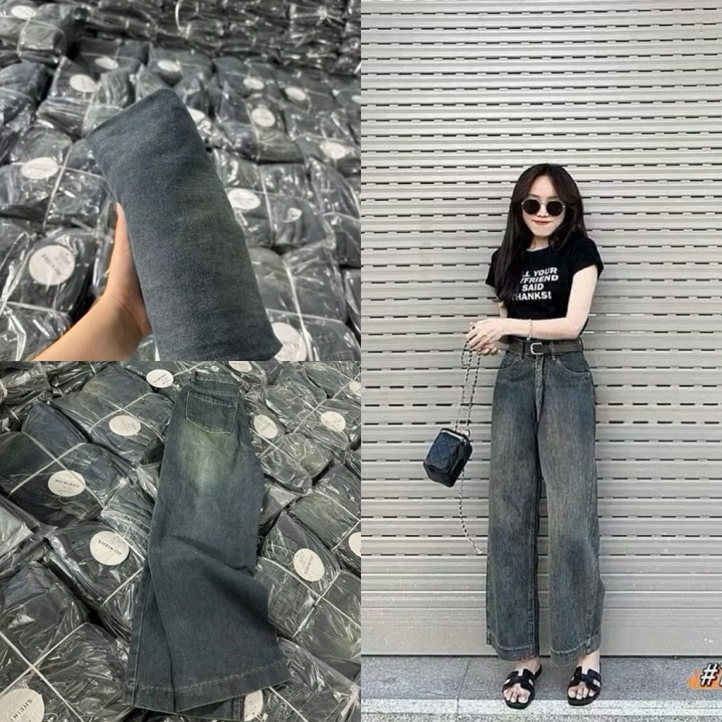 Quần denim nữ ống rộng dáng dài cạp cao siêu hot