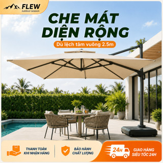 Ô Dù Lệch Tâm Vuông 2.1/2.5m Kaki, Kèm Đế Nước 60L, Che Nắng Mưa Nhẹ, Khung Thép Sân Vườn/Cafe