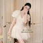 MIU.STUDIO •”Mida dress” Váy thô boi dáng ngắn cổ V phối ren bèo tầng cao cấp, Đầm xoè tay bồng thêu hoa ren sang chảnh