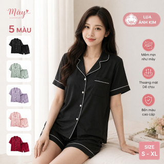 Bộ Đồ Ngủ Nữ Pijama Lụa Ánh Kim Cao Cấp Tay Ngắn Quần Short Mặc Nhà Mềm Mịn Thoáng Mát Sang Trọng 5 Màu