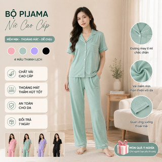Bộ Đồ Ngủ Nữ Pijama Lụa Ánh Kim Cao Cấp Tay Ngắn Quần Short Mặc Nhà Mềm Mịn Thoáng Mát Sang Trọng 5 Màu