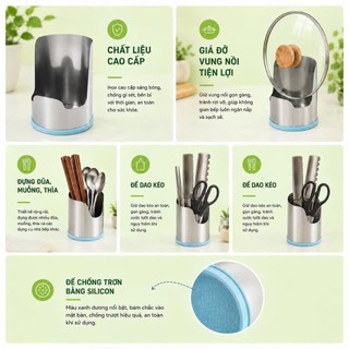 Giá Đỡ Dụng Cụ Nhà Bếp 6in1 Inox 304, Kệ Gác Nắp Nồi, Đũa Thìa Dao Kéo Chống Trượt