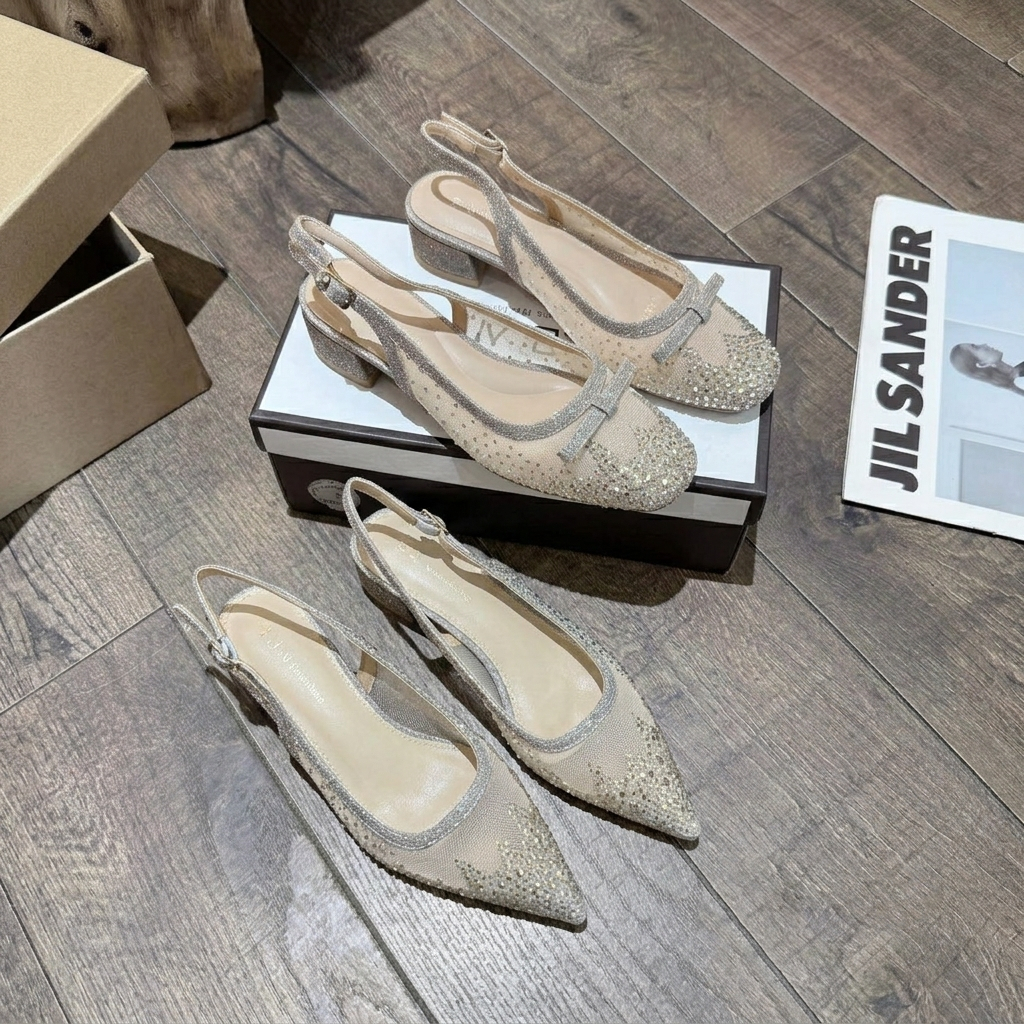 H8665-1/H3698-6 Sandal bệt Slingback Nữ Đính Đá Sang Trọng Bít Mũi Gắn Nơ